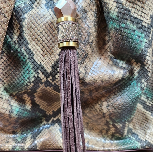 Rafe New York Python Leather Embossed Large Tote Tassel Brown Cream Teal Purse - Picture 7 of 11
